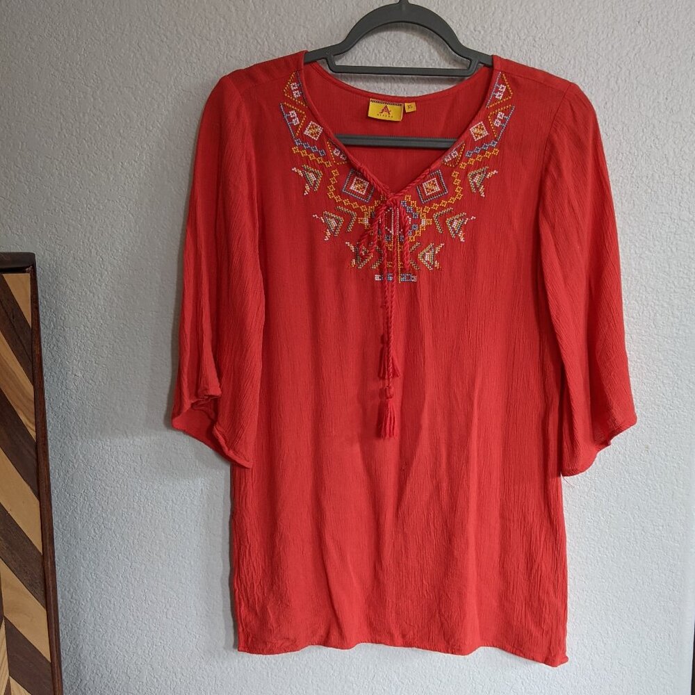 Ateesa Red Orange Coral 3/4 sleeve top blouse with cross-stitch detail XS
